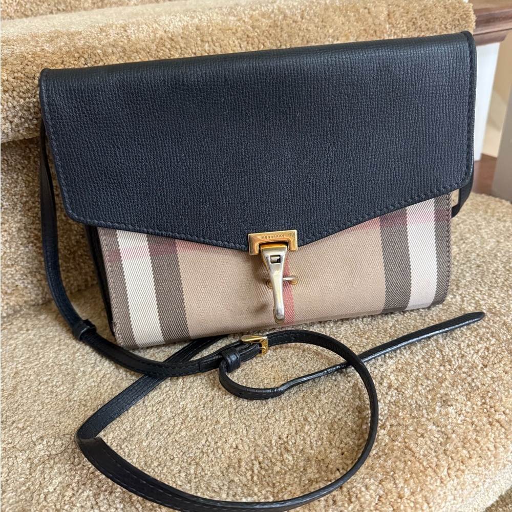 Burberry Black Leather & Beige Plaid Crossbody Bag